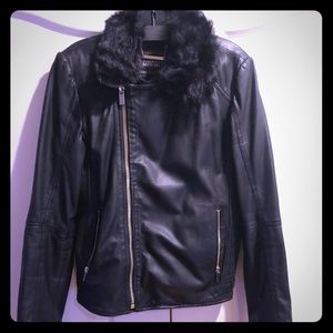 Black leather bomber jacket